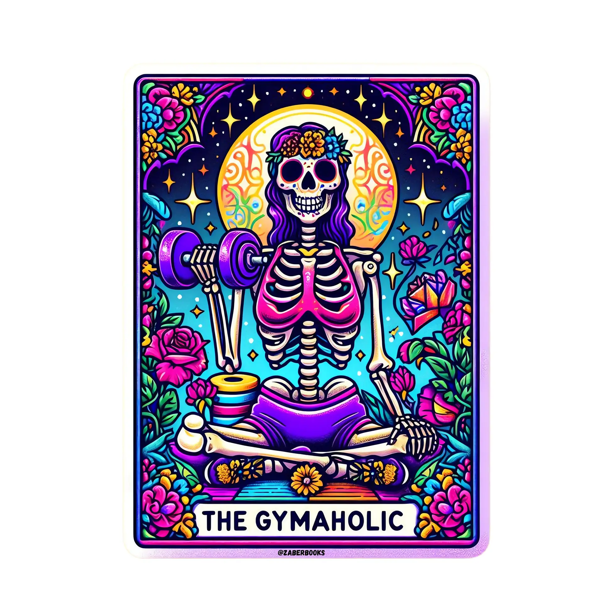 The Gymaholic Workout Skeleton Tarot Card Laminated Sticker| Funny Sarcastic Waterproof Water Bottle & Laptop Holographic Vinyl Sticker