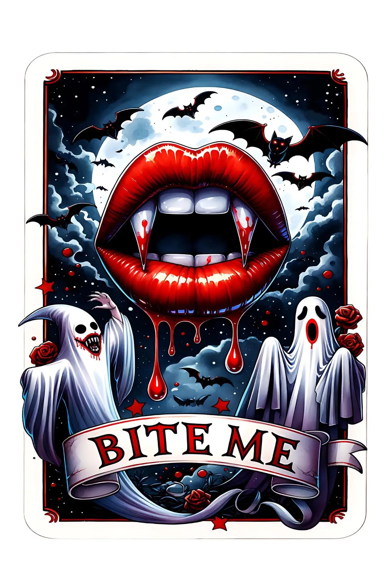 Bite Me Skeleton Tarot Card Laminated Sticker | Funny Sarcastic Waterproof Water Bottle & Laptop Holographic Vinyl Sticker