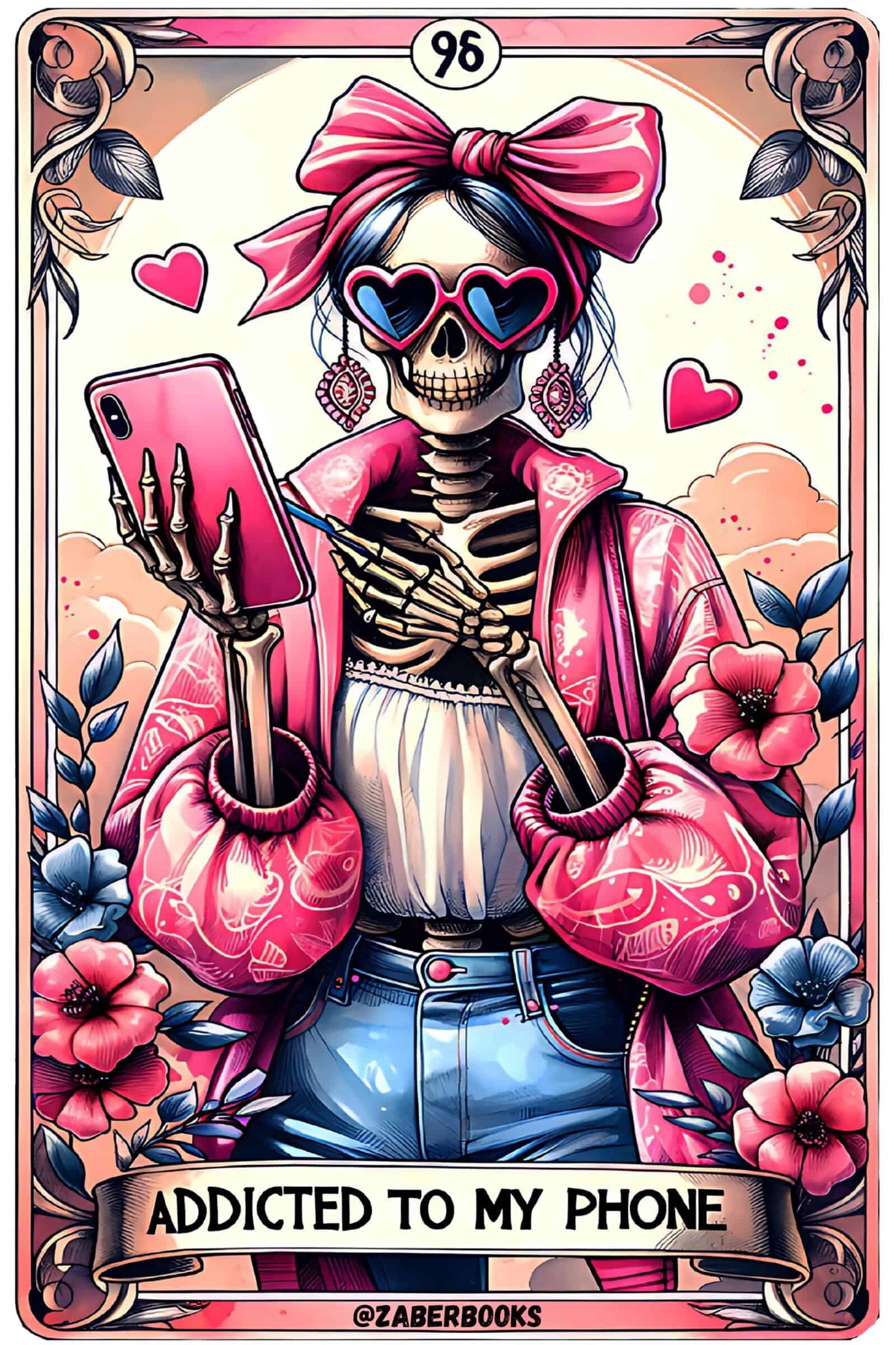 The Addicted to My Phone Skeleton Tarot Card Laminated Sticker | Funny Sarcastic Waterproof Water Bottle & Laptop Holographic Vinyl Sticker