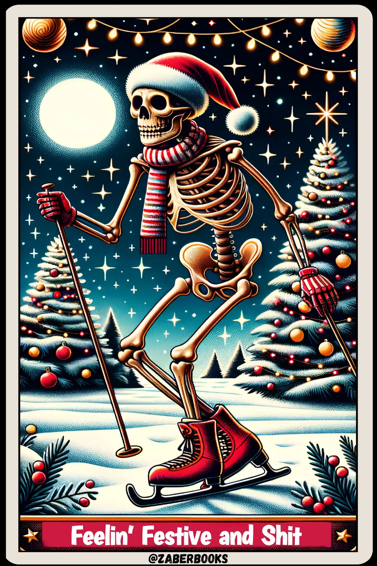 The Feeling Festive and Shit Skeleton Tarot Card Sticker | Funny Sarcastic Waterproof Water Bottle & Laptop Holographic Vinyl Sticker